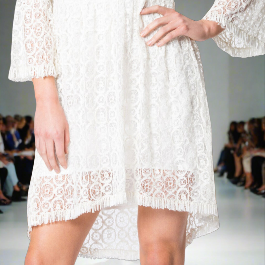 Hand Beaded Lace Dress with 3/4 Sleeves