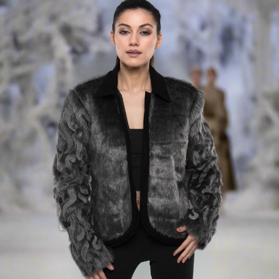 Faux Fur Jacket with Hand Beaded Sleeves