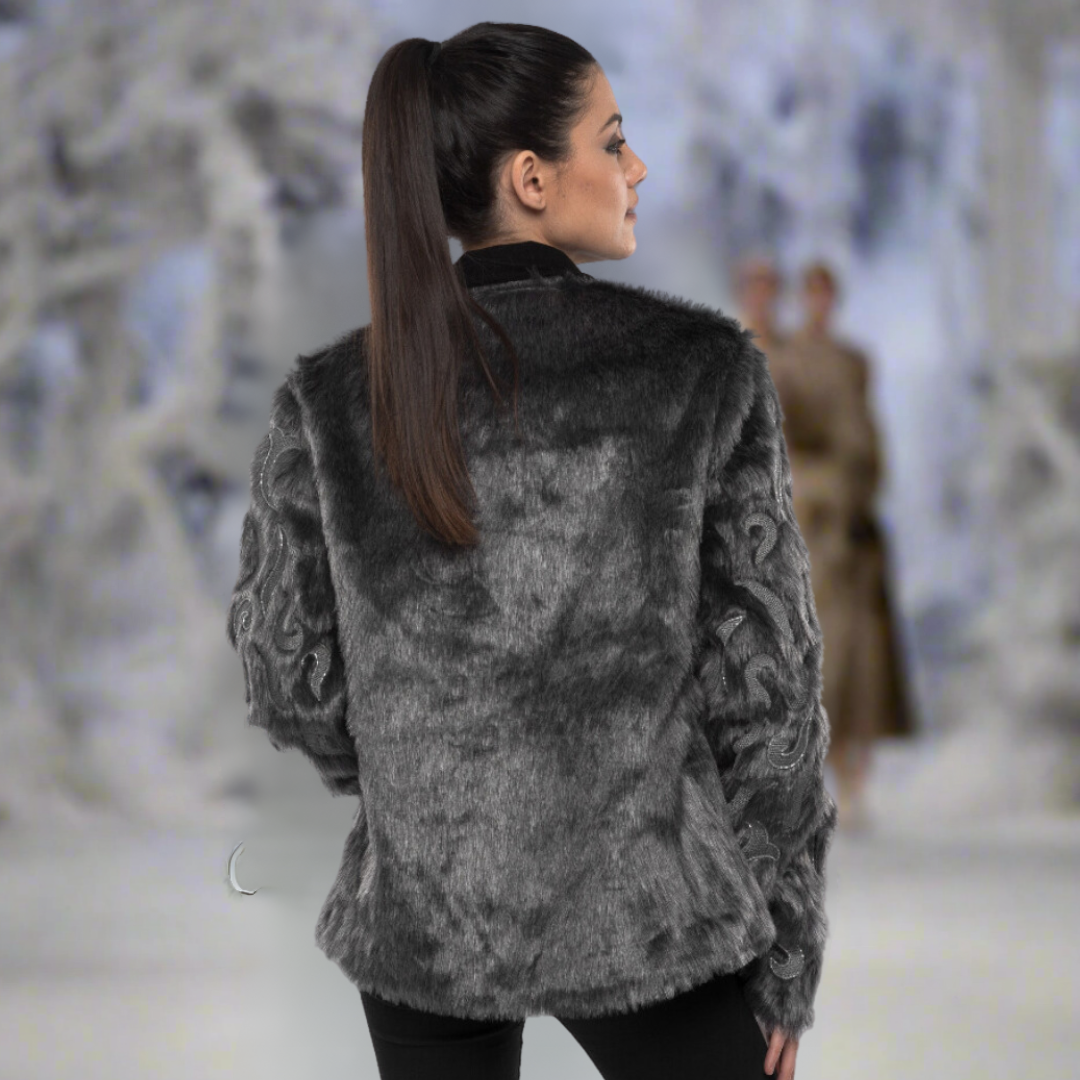 Faux Fur Jacket with Hand Beaded Sleeves