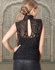 Leopard Luxe : High Neck Beaded Sleeveless Lace Top