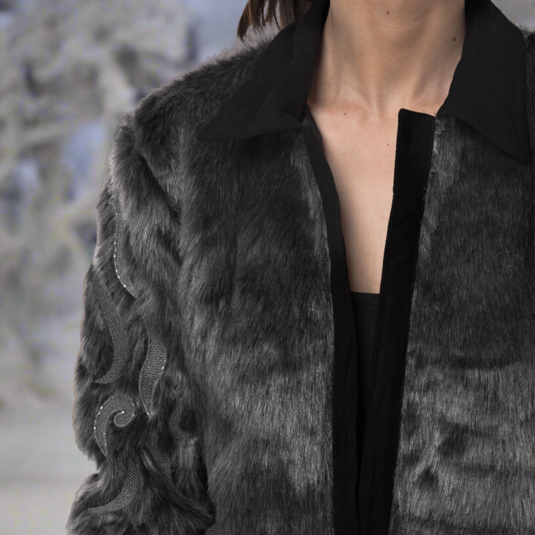 Faux Fur Jacket with Hand Beaded Sleeves