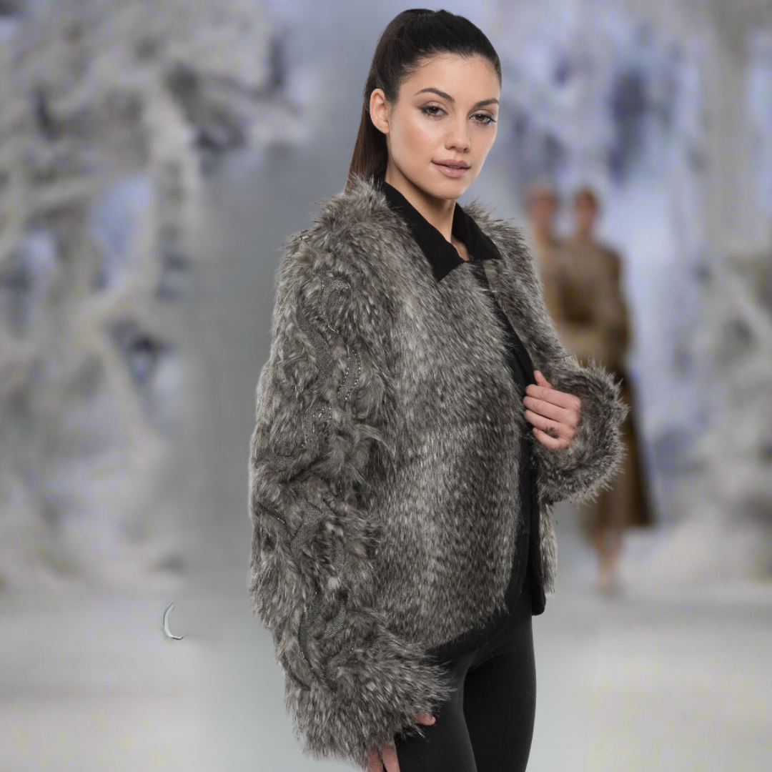 Faux Fur Jacket with Hand Beaded Sleeves