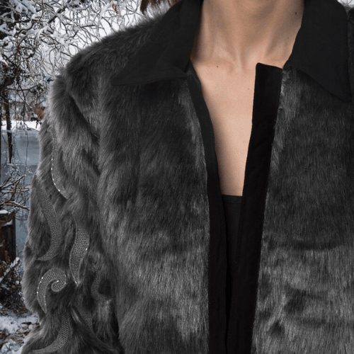 Faux Fur Jacket with Hand Beaded Sleeves