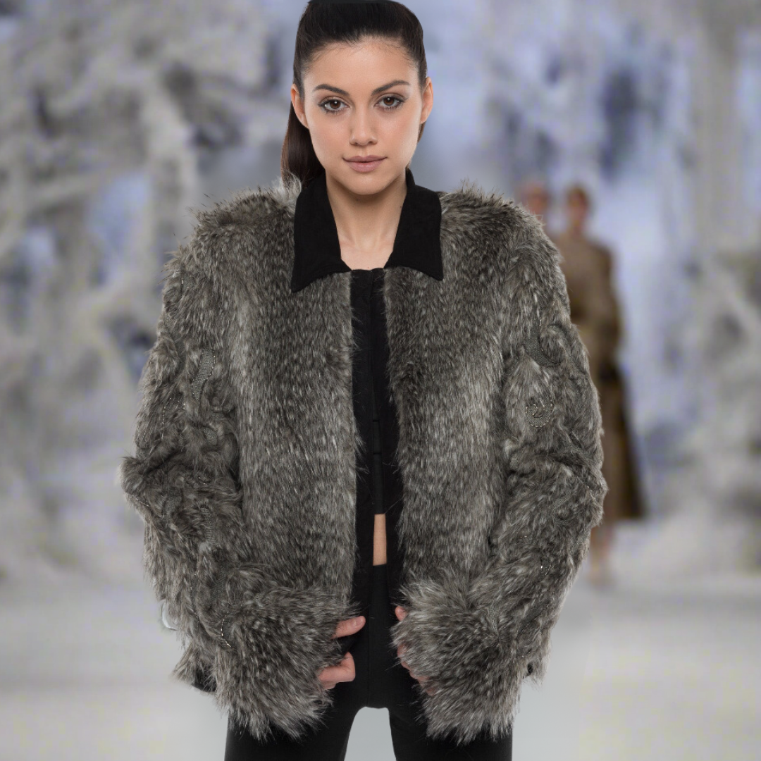 Faux Fur Jacket with Hand Beaded Sleeves