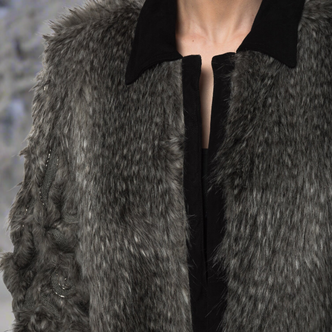 Faux Fur Jacket with Hand Beaded Sleeves