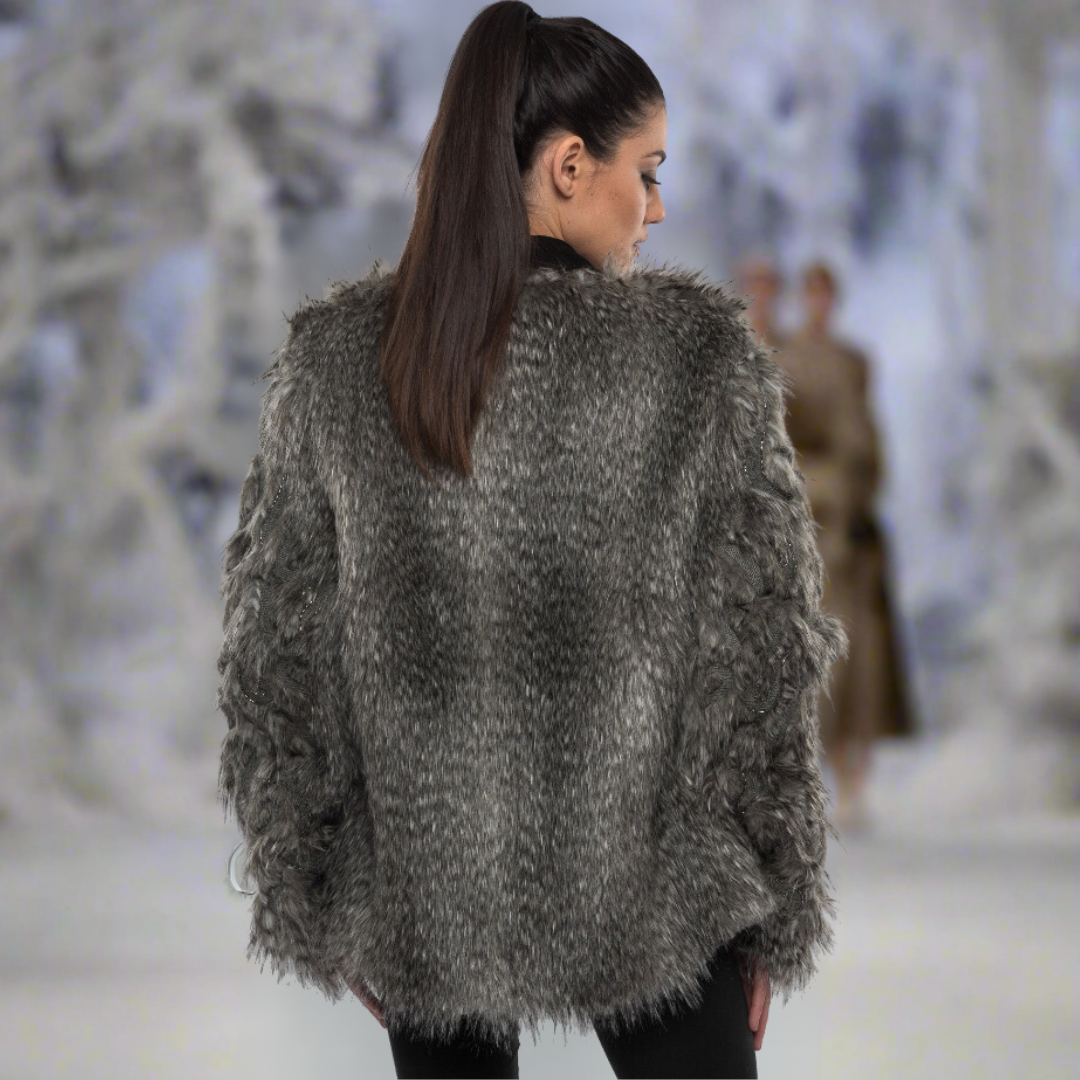 Faux Fur Jacket with Hand Beaded Sleeves