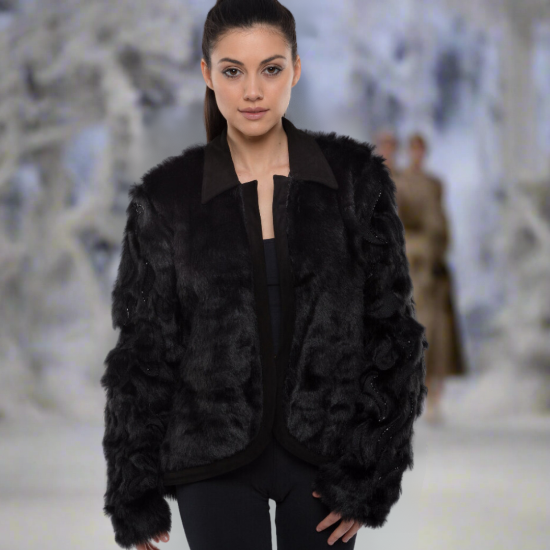 Faux Fur Jacket with Hand Beaded Sleeves