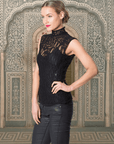 Leopard Luxe : High Neck Beaded Sleeveless Lace Top