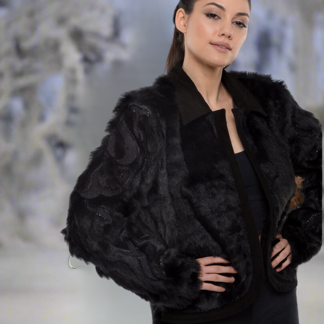 Faux Fur Jacket with Hand Beaded Sleeves