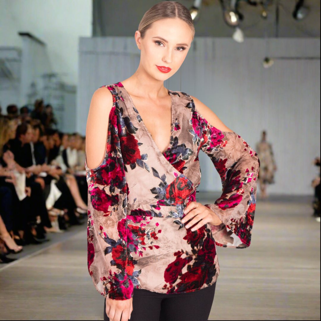 Floral Velvet Cut Shoulder Wrap Top