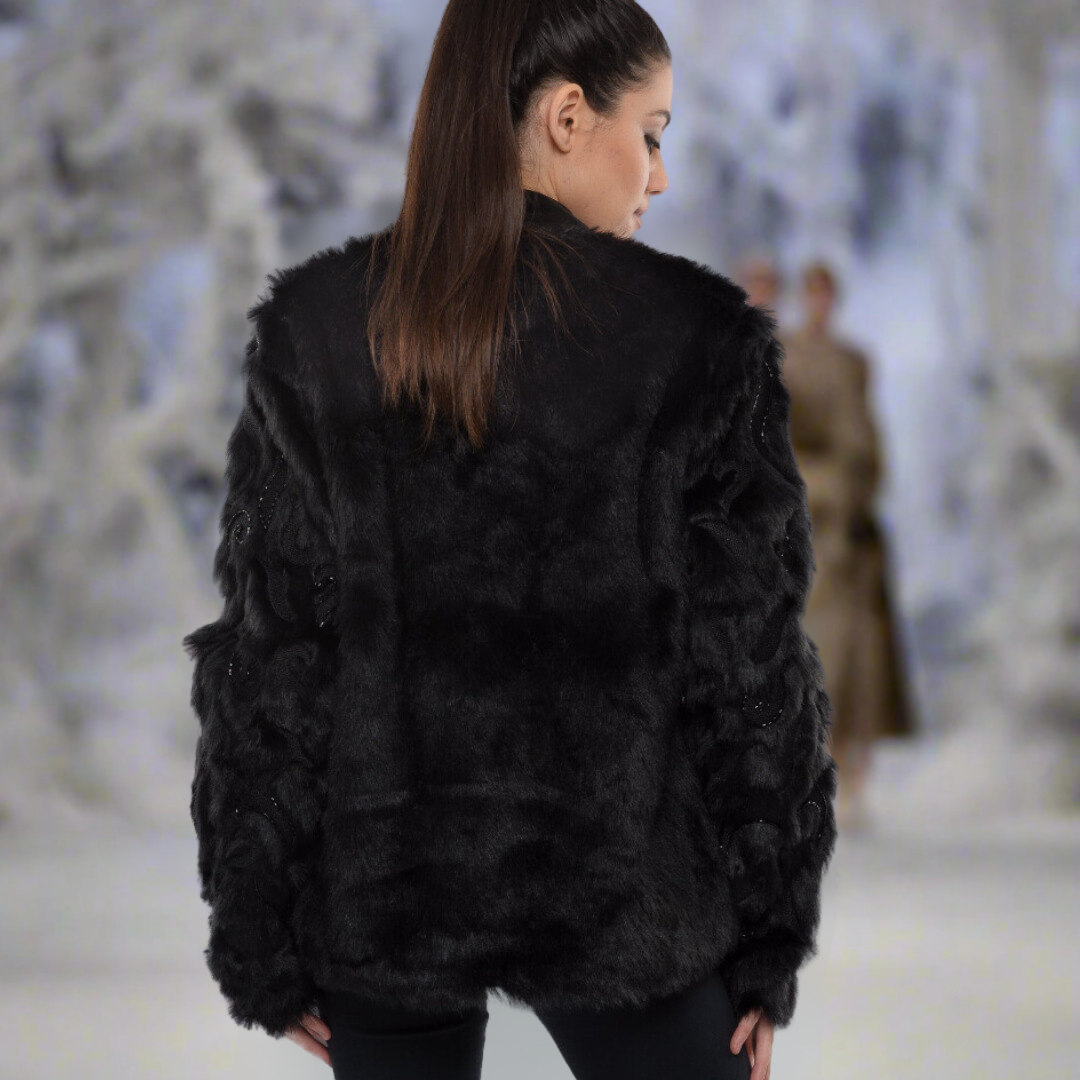 Faux Fur Jacket with Hand Beaded Sleeves