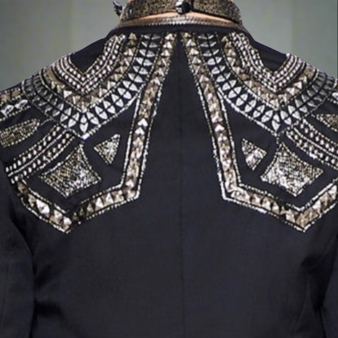 Hand-Embroidered Tuxedo Jacket with Metal and Bead Detailing