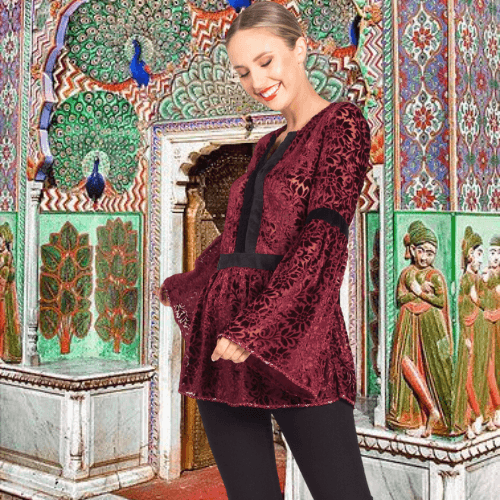 Hem Beaded Velvet Bell Sleeve Top