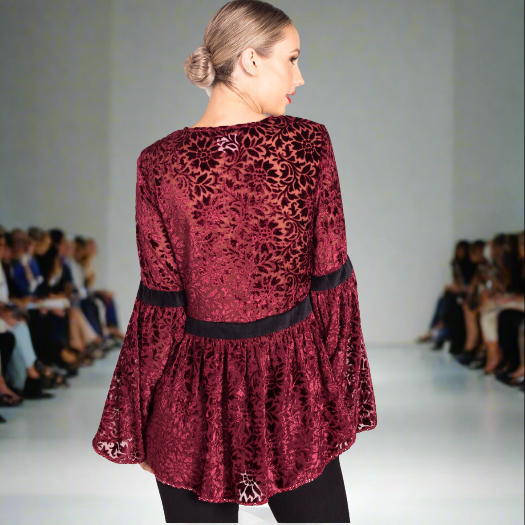 Hem Beaded Velvet Bell Sleeve Top