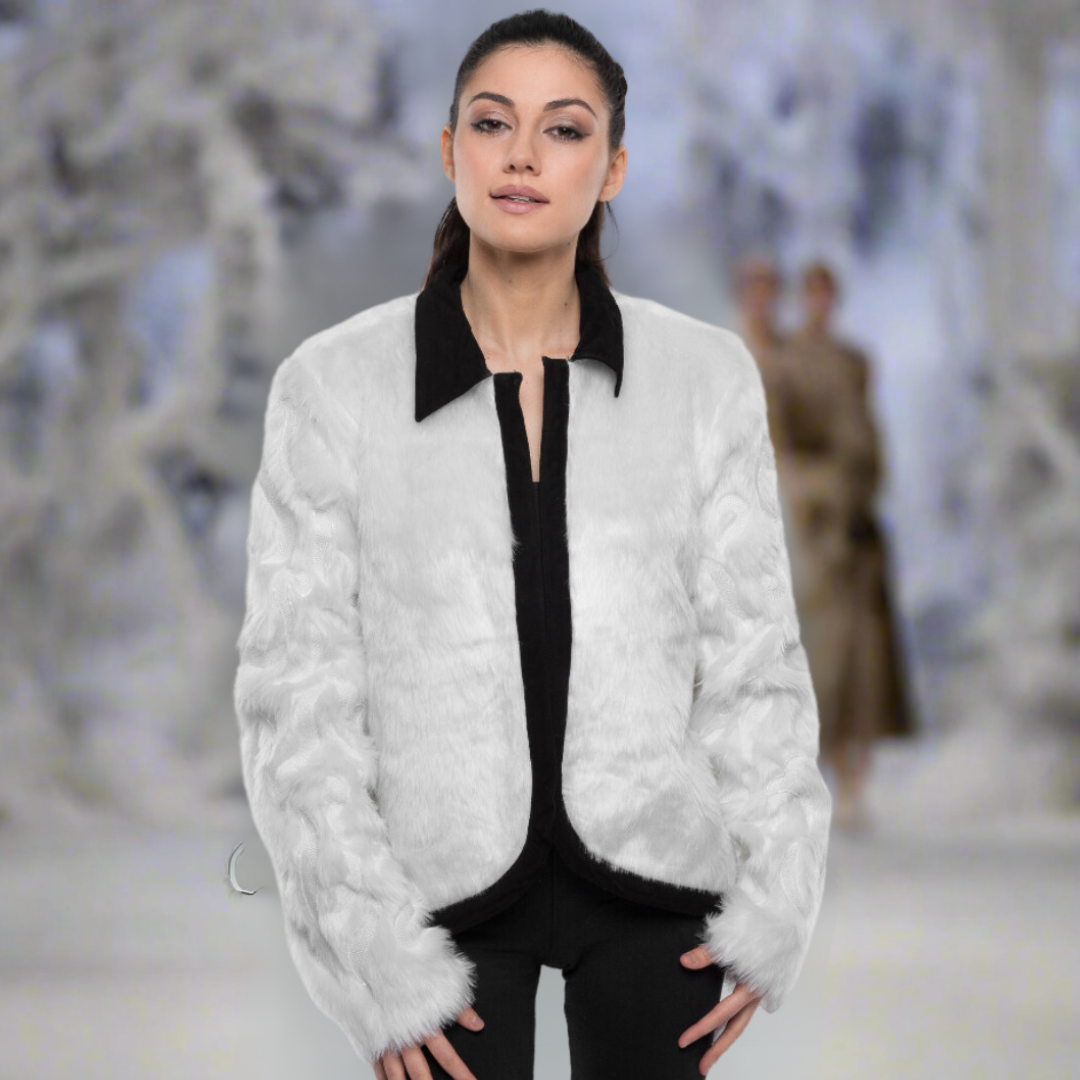 Faux Fur Jacket with Hand Beaded Sleeves