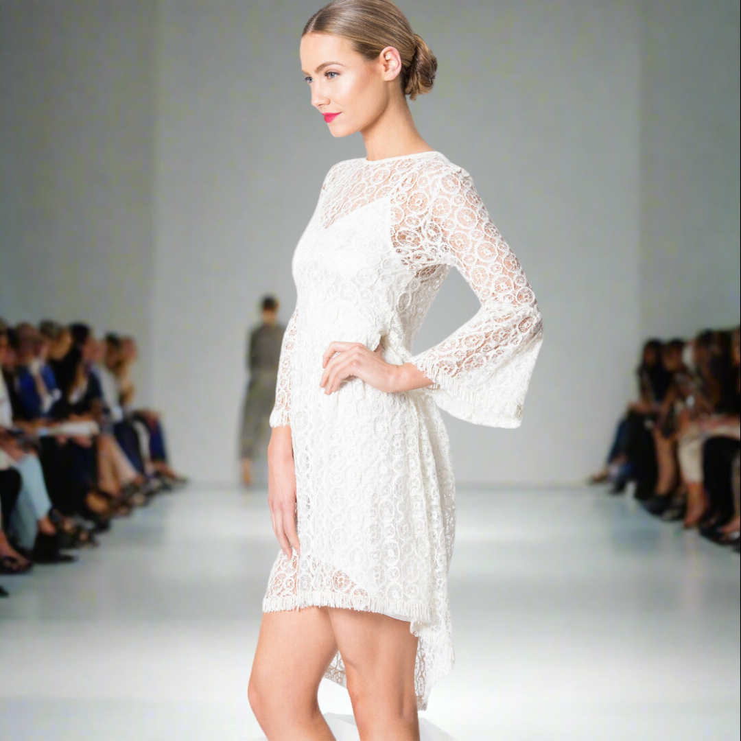 Hand Beaded Lace Dress with 3/4 Sleeves