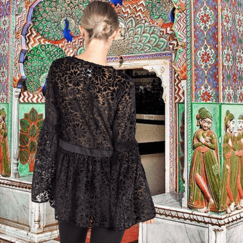 Hem Beaded Velvet Bell Sleeve Top