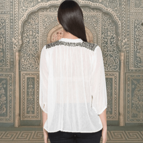 Leaf Embroidered Sheer Top