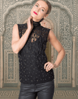 Leopard Luxe : High Neck Beaded Sleeveless Lace Top